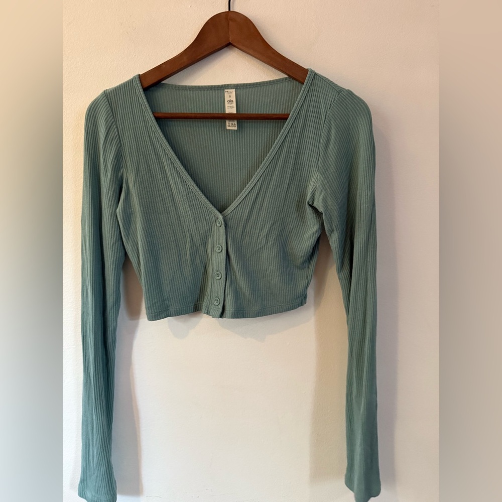 ALO Yoga Ribbed Whisper Cardigan in Dark Cactus
